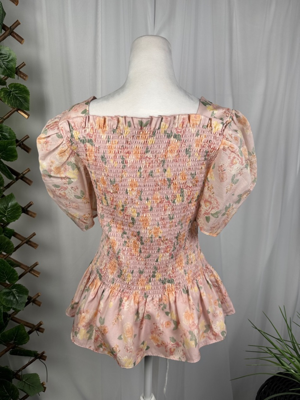 Rachel Parcell Pink Floral Smocked Peplum Blouse - Picture 4 of 7